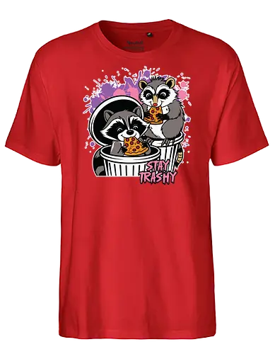 Stay Trashy - raccoons, pizza, trash cans, humor, playful, colorful, street style, cartoon, slogan, mischievous - Fairtrade T-Shirt