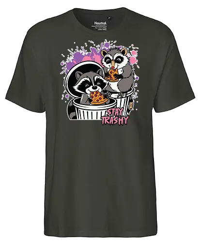 Stay Trashy - raccoons, pizza, trash cans, humor, playful, colorful, street style, cartoon, slogan, mischievous - Fairtrade T-Shirt