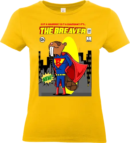 The Breaver - Biber, Superheld, mutig, Comics, Humor, lustig, Eichhörnchen, Kettensäge, Wortspiel, süß, Mashup, eigenartig, kreativ, Waldheld, Cartoon, Parodie, einzigartig, verspielt, fantasievoll, kühn, Comicbuch, Superkraft, Kinder - Standard T-Shirt (Frauen)