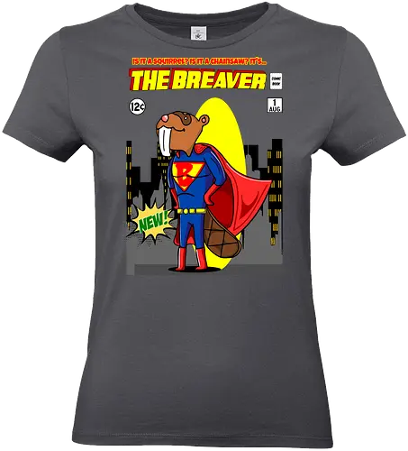 The Breaver - Biber, Superheld, mutig, Comics, Humor, lustig, Eichhörnchen, Kettensäge, Wortspiel, süß, Mashup, eigenartig, kreativ, Waldheld, Cartoon, Parodie, einzigartig, verspielt, fantasievoll, kühn, Comicbuch, Superkraft, Kinder - Standard T-Shirt (Frauen)