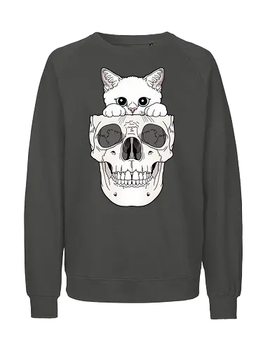 White Kitty & Skull - Weiße Katze, Katzenliebe, Skelett - Fairtrade Sweatshirt