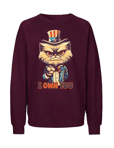 I Own You - cat, cat lover, kitten, kitty, pop art, vintage colors, retro design, cute cat, uncle sam, pet, animals, parody, funny, meme, joke, independent day, don't tread on me, 1776, Gadsden, american cat, american, 4th of july, US flag, american clothing, usa, freedom, patriotic, american flag, 2nd amendment, I Want You - Fairtrade Sweatshirt