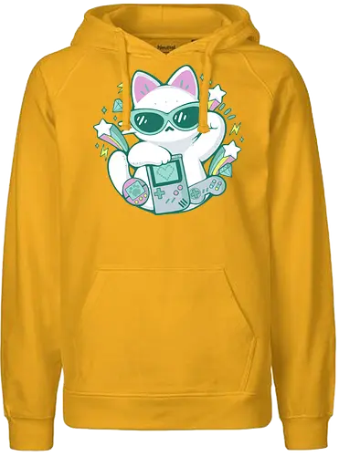 90s Cute Cat - 90s, 90 vibes, gamer, cute cat, gameboy, tamagotchi, joystick, videogame, gaming, player, technology, maneki neko, retro, vintage, xmorfina - Fairtrade Hoodie