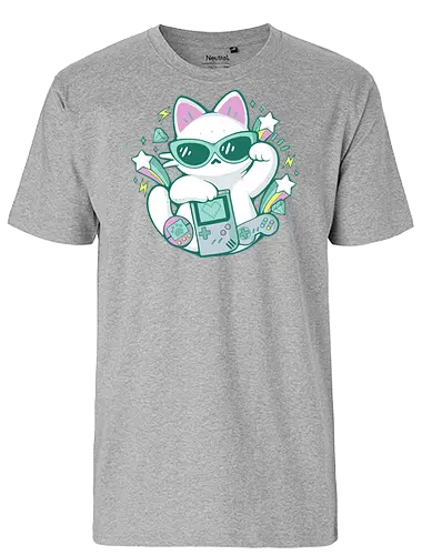 90s Cute Cat - 90s, 90 vibes, gamer, cute cat, gameboy, tamagotchi, joystick, videogame, gaming, player, technology, maneki neko, retro, vintage, xmorfina - Fairtrade T-Shirt