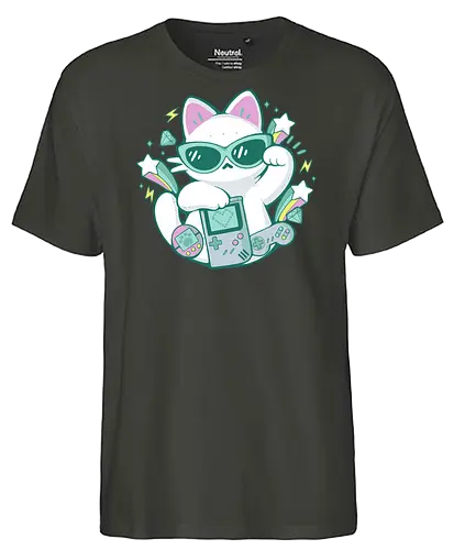 90s Cute Cat - 90s, 90 vibes, gamer, cute cat, gameboy, tamagotchi, joystick, videogame, gaming, player, technology, maneki neko, retro, vintage, xmorfina - Fairtrade T-Shirt
