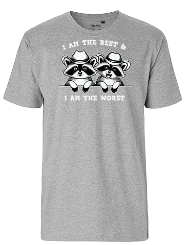 I AM THE BEST & I AM THE WORST - raccoons, cowboy hats, humor, duality, playful, animals, hats, black and white - Fairtrade T-Shirt