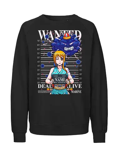 Cat Burglar Wano Mugshot - anime, anime girl, anime tee, manga, wanted, wanted poster, nami, Pirate, straw hat pirates, straw hat crew, cat burglar, mugshot - Fairtrade Sweatshirt