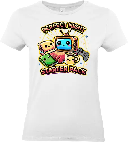 Perfect Night Starter Pack (Perfekte Nacht Starter-Pack) - gemütlich, retro, kawaii, Gaming, heiße Getränke, Bücher, Bücherwurm, Filme, Serienmarathon, Streaming, introvertiert, entspannt, Freund, Freundin, Freunde, Lesen, Cineast, nostalgisch, Regentag, Winter-Feeling, verspielt, ruhig, bequem, Filmfan, ruhiger Abend, movie, cute, pajamas, Schlafanzug, Literatur, anime, pop culture - Standard T-Shirt (Frauen)