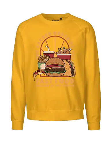 Sacred Order of Fast Food - fast food, ice cream, pizza, burgers, popsicles, tacos, fries, lettering, fried chicken, eating, hungry, funny - Fairtrade Sweatshirt