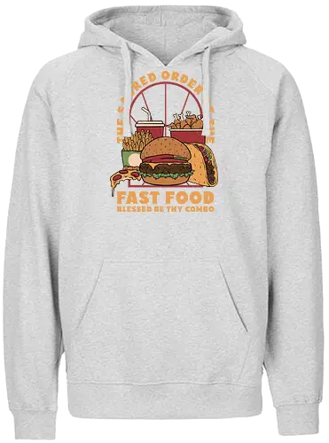 Sacred Order of Fast Food - fast food, ice cream, pizza, burgers, popsicles, tacos, fries, lettering, fried chicken, eating, hungry, funny - Fairtrade Hoodie