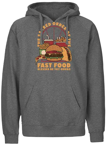 Sacred Order of Fast Food - fast food, ice cream, pizza, burgers, popsicles, tacos, fries, lettering, fried chicken, eating, hungry, funny - Fairtrade Hoodie