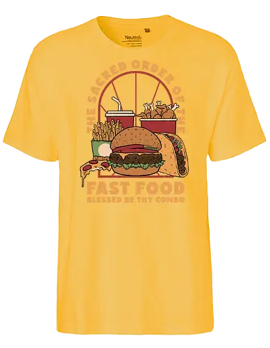 Sacred Order of Fast Food - fast food, ice cream, pizza, burgers, popsicles, tacos, fries, lettering, fried chicken, eating, hungry, funny - Fairtrade T-Shirt