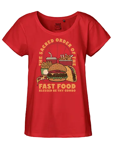 Sacred Order of Fast Food - fast food, ice cream, pizza, burgers, popsicles, tacos, fries, lettering, fried chicken, eating, hungry, funny - Fairtrade Girl Shirt