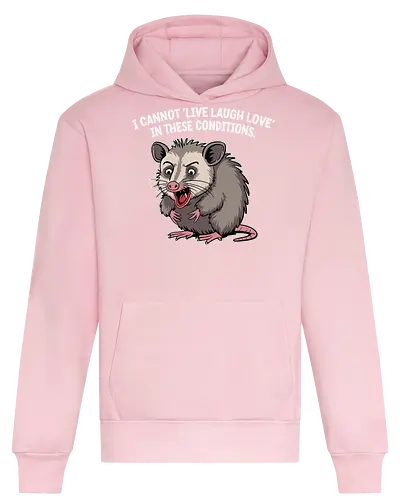 I cannot 'Live Laugh Love' in these conditions. - opossum, cartoon, humor, distressed, expression, text, quote, funny, sentiment, frustration - Heavyweight Hoodie