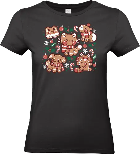 Festive Gingerbread Animals - animal cookies, gingerbread, Christmas gingerbread, cookies, holiday animals, Christmas animals, Tierplätzchen, Lebkuchen, Weihnachtslebkuchen, Plätzchen, Urlaubstiere, Weihnachtstiere, Katze, Hund, Wasserschwein, Waschbär, Frosch, Weihnachtsplätzchen, Wintertier, niedliche Weihnachten - Standard T-Shirt (Frauen)