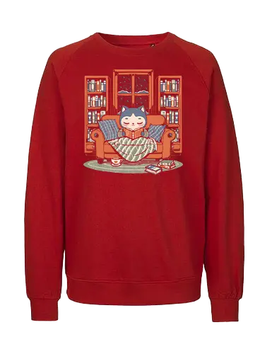 Cozy Book Winter Cat - Cute, Fun, Funny, Cat, Winter, Book, Books, Bookworm, Cozy, Weather, Pet, Coffee, Tea, Warm, Library - Fairtrade Sweatshirt