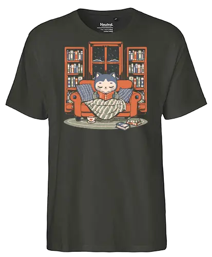 Cozy Book Winter Cat - Cute, Fun, Funny, Cat, Winter, Book, Books, Bookworm, Cozy, Weather, Pet, Coffee, Tea, Warm, Library - Fairtrade T-Shirt