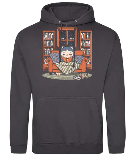 Cozy Book Winter Cat - Cute, Fun, Funny, Cat, Winter, Book, Books, Bookworm, Cozy, Weather, Pet, Coffee, Tea, Warm, Library - Standard Hoodie