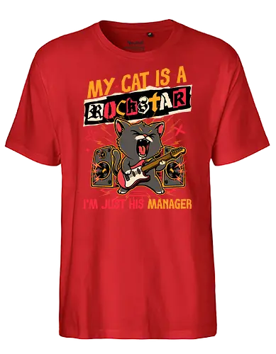 Rockstar Cat Manager - cool, funny, cat, black cat, rockstar, metal, heavy metal, punk, rock, rock and rool, music, pet, joke, cute, screaming - Fairtrade T-Shirt