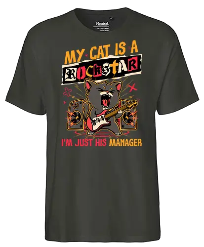 Rockstar Cat Manager - cool, funny, cat, black cat, rockstar, metal, heavy metal, punk, rock, rock and rool, music, pet, joke, cute, screaming - Fairtrade T-Shirt