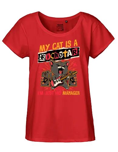 Rockstar Cat Manager - cool, funny, cat, black cat, rockstar, metal, heavy metal, punk, rock, rock and rool, music, pet, joke, cute, screaming - Fairtrade Girl Shirt