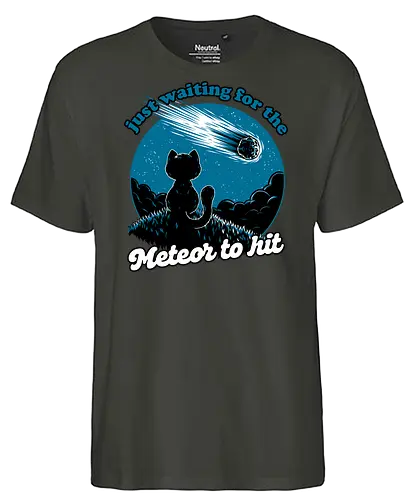 Cat Waiting the Meteor - meteor, cat, Black Cat, cute, pet, irony, sarcasm, nihilism, apocalypse, mountain, landscape, night, star, end of the world, chaos, fun, funny - Fairtrade T-Shirt
