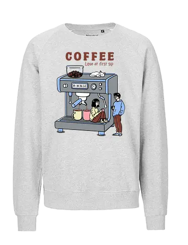 Love at First Sip - coffee, coffee drink, i love coffee, sipping coffee, coffee machine, espresso, caffeine, coffee lover - Fairtrade Sweatshirt