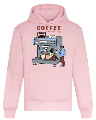 Love at First Sip - coffee, coffee drink, i love coffee, sipping coffee, coffee machine, espresso, caffeine, coffee lover - Heavyweight Hoodie