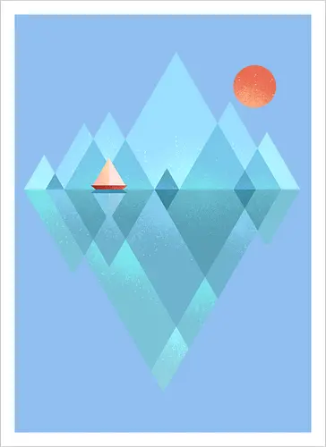 Iceberg - geometric, abstract, arctic, boat, colorful, iceberg, minimalism, minimalist, modern art, nature, nordic, sea, simple, sun, geometrical designs - Kunstdruck