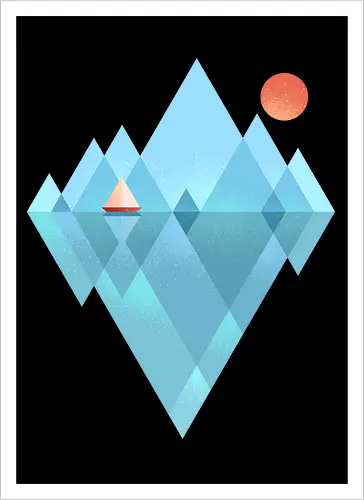 Iceberg - geometric, abstract, arctic, boat, colorful, iceberg, minimalism, minimalist, modern art, nature, nordic, sea, simple, sun, geometrical designs - Kunstdruck