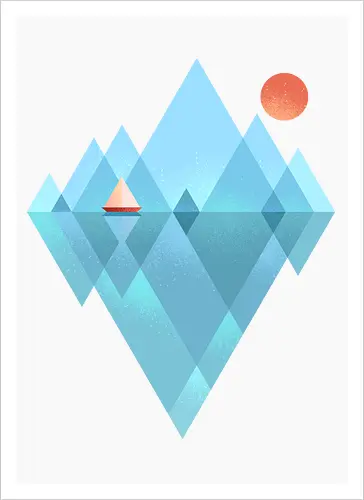 Iceberg - geometric, abstract, arctic, boat, colorful, iceberg, minimalism, minimalist, modern art, nature, nordic, sea, simple, sun, geometrical designs - Kunstdruck