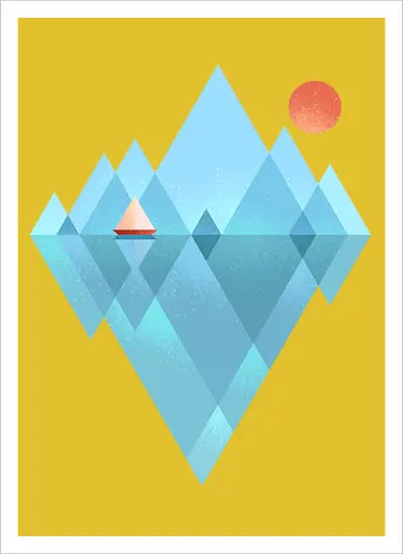 Iceberg - geometric, abstract, arctic, boat, colorful, iceberg, minimalism, minimalist, modern art, nature, nordic, sea, simple, sun, geometrical designs - Kunstdruck