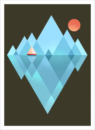 Iceberg - geometric, abstract, arctic, boat, colorful, iceberg, minimalism, minimalist, modern art, nature, nordic, sea, simple, sun, geometrical designs - Kunstdruck