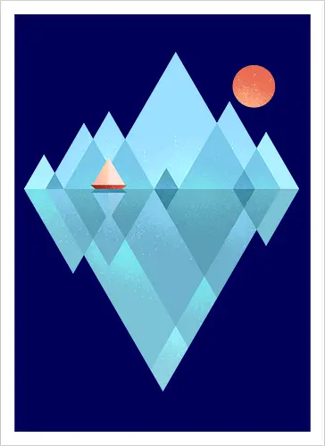 Iceberg - geometric, abstract, arctic, boat, colorful, iceberg, minimalism, minimalist, modern art, nature, nordic, sea, simple, sun, geometrical designs - Kunstdruck