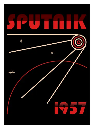 Sputnik 1957 Minimal Design - sputnik, abstract, astronaut, explore, geometric, minimalist, nostalgia, retro, russia, russian, science, space, space race, stars, vintage - Kunstdruck