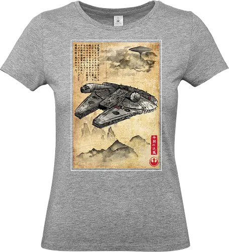 Escape from cloud city woodblock - retro, rebel, 70s, movies, films, date, galaxy, star, japanese art, woodblock, japan, millenium falcon - Standard T-Shirt (Frauen)