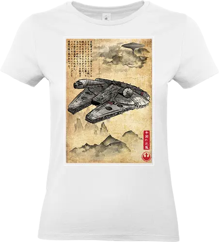 Escape from cloud city woodblock - retro, rebel, 70s, movies, films, date, galaxy, star, japanese art, woodblock, japan, millenium falcon - Standard T-Shirt (Frauen)