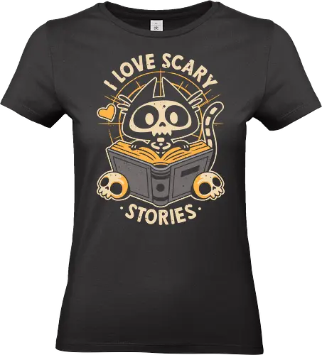 I Love Scary Stories - skull, gothic, horror, love, reading, halloween, literature, dark art, black cat, skeleton, scary, books, book lover, bookworm, cute - Standard T-Shirt (Frauen)