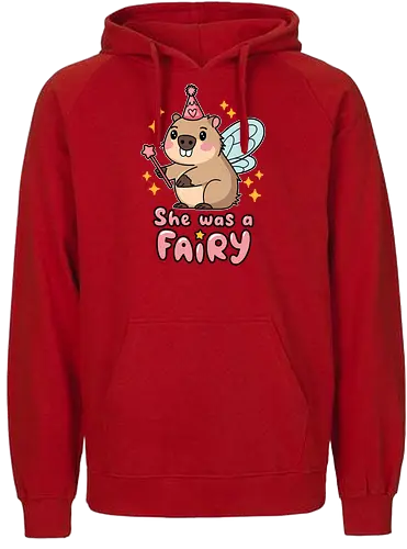 She was a fairy - capybara, fairy, wings, magic wand, stars, cartoon, cute, pink hat, whimsical, text - Fairtrade Hoodie