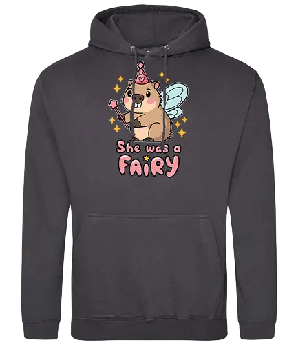 She was a fairy - capybara, fairy, wings, magic wand, stars, cartoon, cute, pink hat, whimsical, text - Standard Hoodie