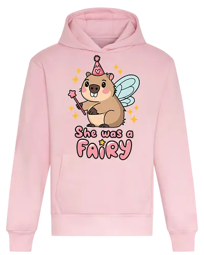 She was a fairy - capybara, fairy, wings, magic wand, stars, cartoon, cute, pink hat, whimsical, text - Heavyweight Hoodie