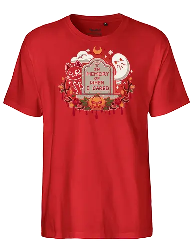 In memory of when i cared - in memory of when i cared, rip, halloween, black cat, scary, horror, kitten, kitty, moon, cats, ghost, ghosts, kawaii, tombstone, funny, mood, spooky, cute, i don't care - Fairtrade T-Shirt