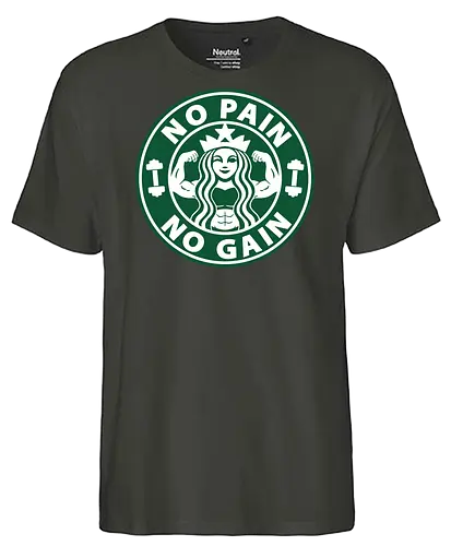 No Pain No Gain - coffee, bodybuilder, exercise, fitness, lifting, muscles, weightlifting, word hard, Coffee, power lifting, gym rat, tea, mermaid, gym, workout, caffeine, i love coffee, espresso, latte, drink, cup of coffee, parody, funny, no pain no gain - Fairtrade T-Shirt