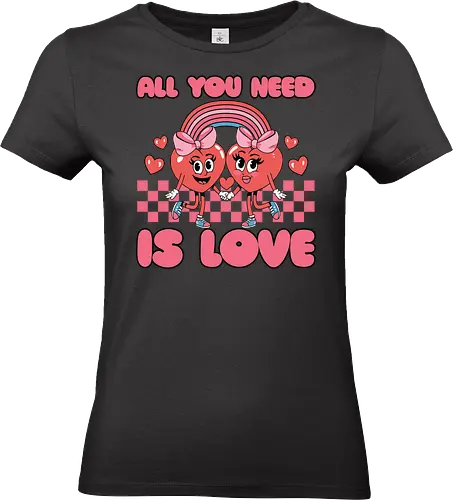 All You Need Is Love - cartoon, hearts, rainbow, love, cheerful, characters, pink, checkerboard, friendship, happiness - Standard T-Shirt (Frauen)