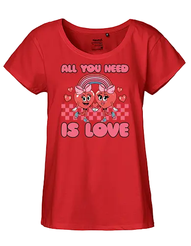 All You Need Is Love - cartoon, hearts, rainbow, love, cheerful, characters, pink, checkerboard, friendship, happiness - Fairtrade Girl Shirt