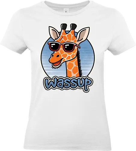 Wassup Giraffe - funny, wassip, whats up, tall, giraffe, animal, wildlife, nature, zoo, safari, tall, yellow, spotted, africa, illustration, cute, baby giraffe, endangered, art - Standard T-Shirt (Frauen)