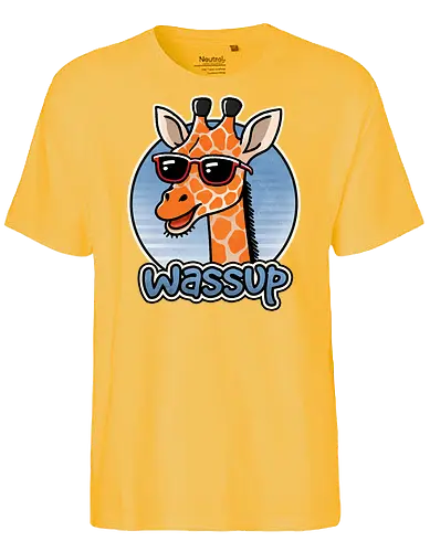 Wassup Giraffe - funny, wassip, whats up, tall, giraffe, animal, wildlife, nature, zoo, safari, tall, yellow, spotted, africa, illustration, cute, baby giraffe, endangered, art - Fairtrade T-Shirt