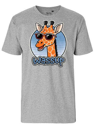 Wassup Giraffe - funny, wassip, whats up, tall, giraffe, animal, wildlife, nature, zoo, safari, tall, yellow, spotted, africa, illustration, cute, baby giraffe, endangered, art - Fairtrade T-Shirt