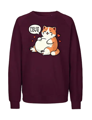 Full of love cat - fat, love, valentines, fat cat, cat, cute, pet, animal, feline, funny, chubby, illustration, adorable, whimsical, domestic cat, pet lover, cartoon, cat art, day, love, romance, affection, heart, couple, relationship, valentine, passion, emotional, togetherness, friendship, kindness, sentiment, cute, adoration - Fairtrade Sweatshirt