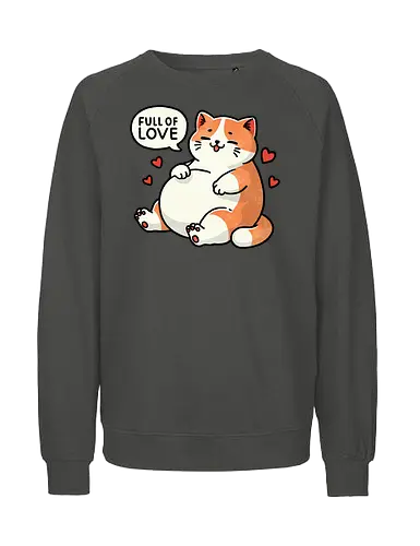 Full of love cat - fat, love, valentines, fat cat, cat, cute, pet, animal, feline, funny, chubby, illustration, adorable, whimsical, domestic cat, pet lover, cartoon, cat art, day, love, romance, affection, heart, couple, relationship, valentine, passion, emotional, togetherness, friendship, kindness, sentiment, cute, adoration - Fairtrade Sweatshirt